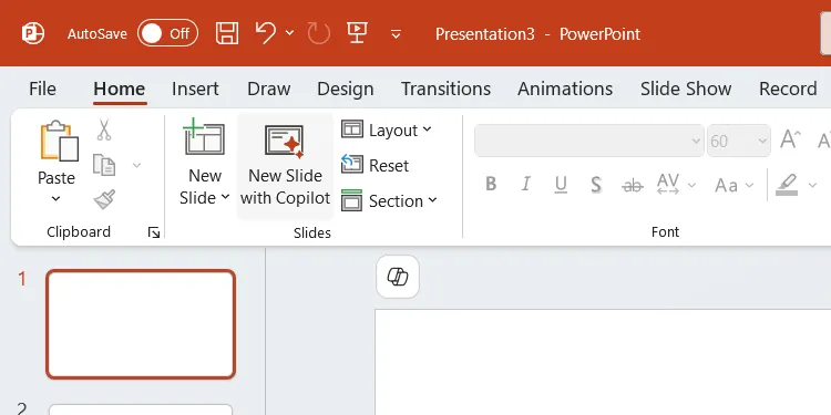 Nút New Slide with Copilot (Slide Mới với Copilot) trên tab Insert (Chèn) của PowerPoint.