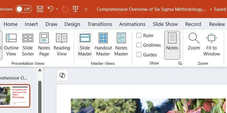 Nút Slide Master (Mẫu Chiếu) trên tab View (Xem) của PowerPoint.