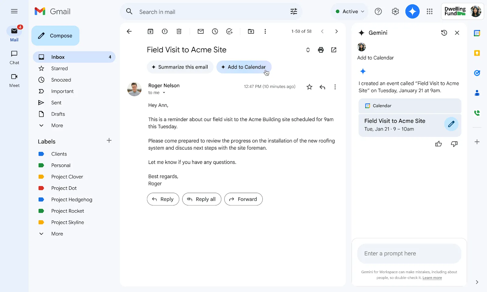 Nút 'Thêm vào lịch' (Add to calendar) do Gemini đề xuất trong giao diện Gmail