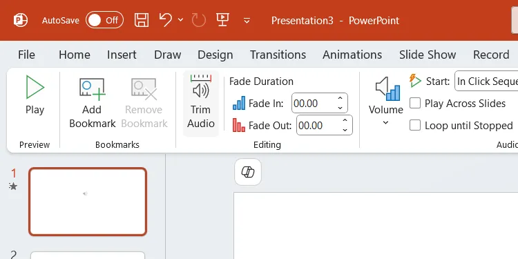 Nút Trim Audio (Cắt Âm thanh) trên tab Playback (Phát lại) của PowerPoint.