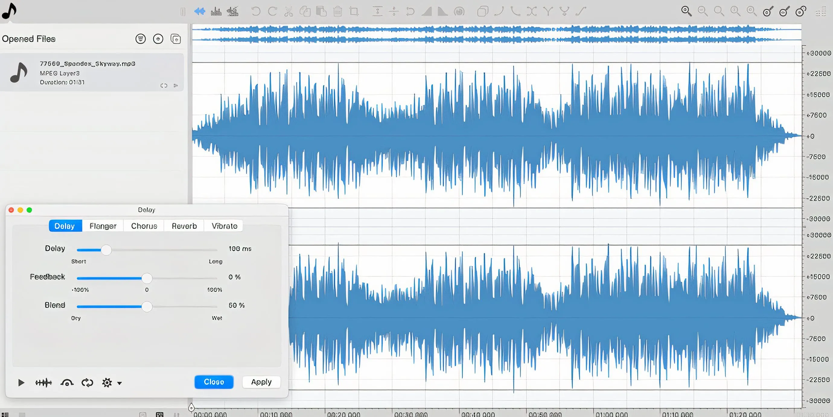 Ocenaudio hiển thị hiệu ứng trễ (delay) đang được áp dụng, minh họa tính năng xem trước thời gian thực hữu ích cho việc chỉnh sửa âm thanh.