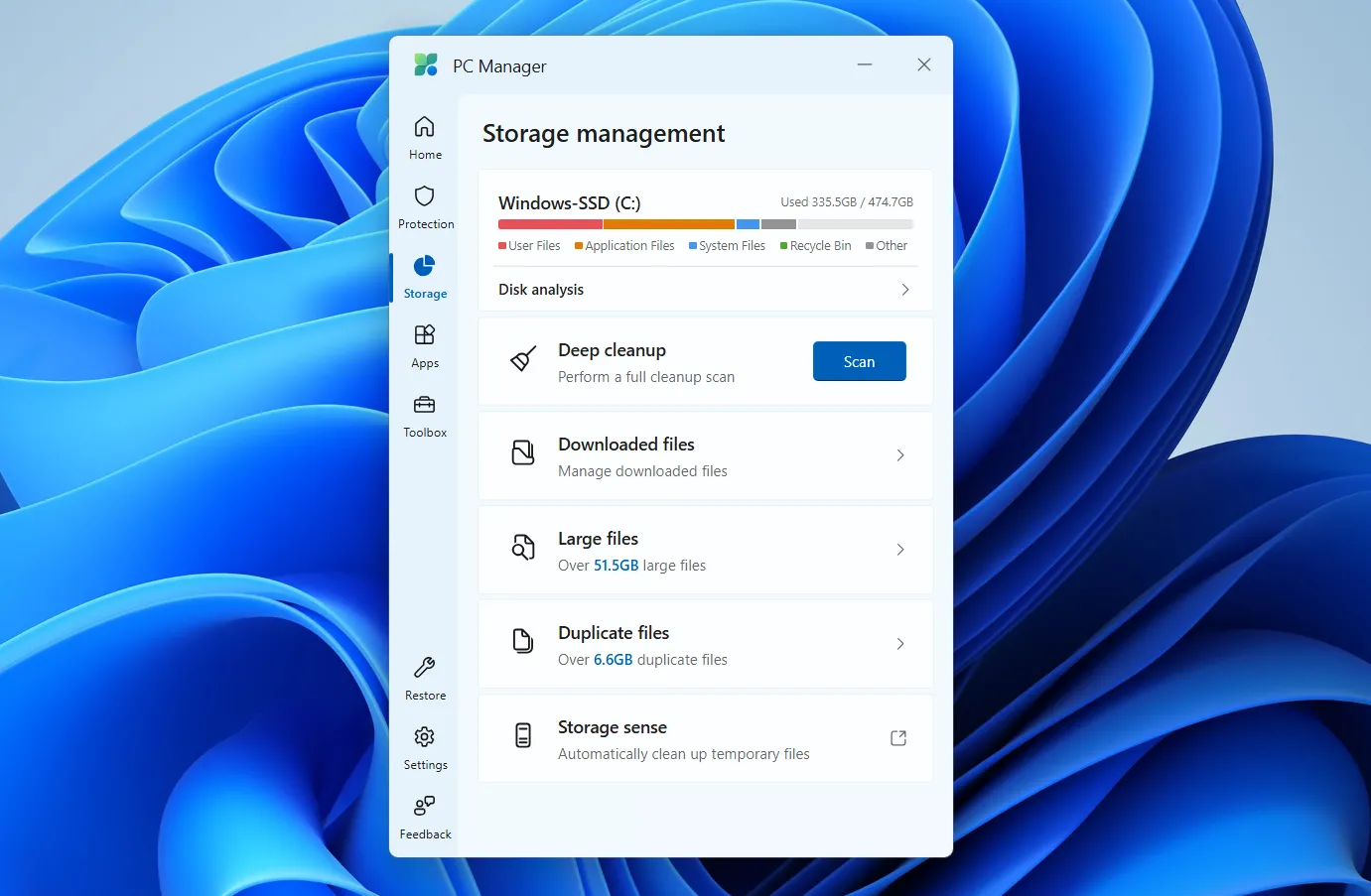 PC Manager trên Windows hiển thị tab Storage