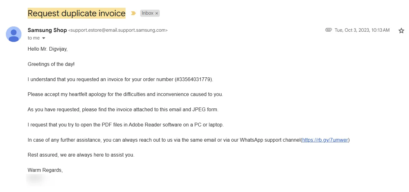 Phản hồi từ bộ phận hỗ trợ Samsung khi yêu cầu hóa đơn mua điện thoại