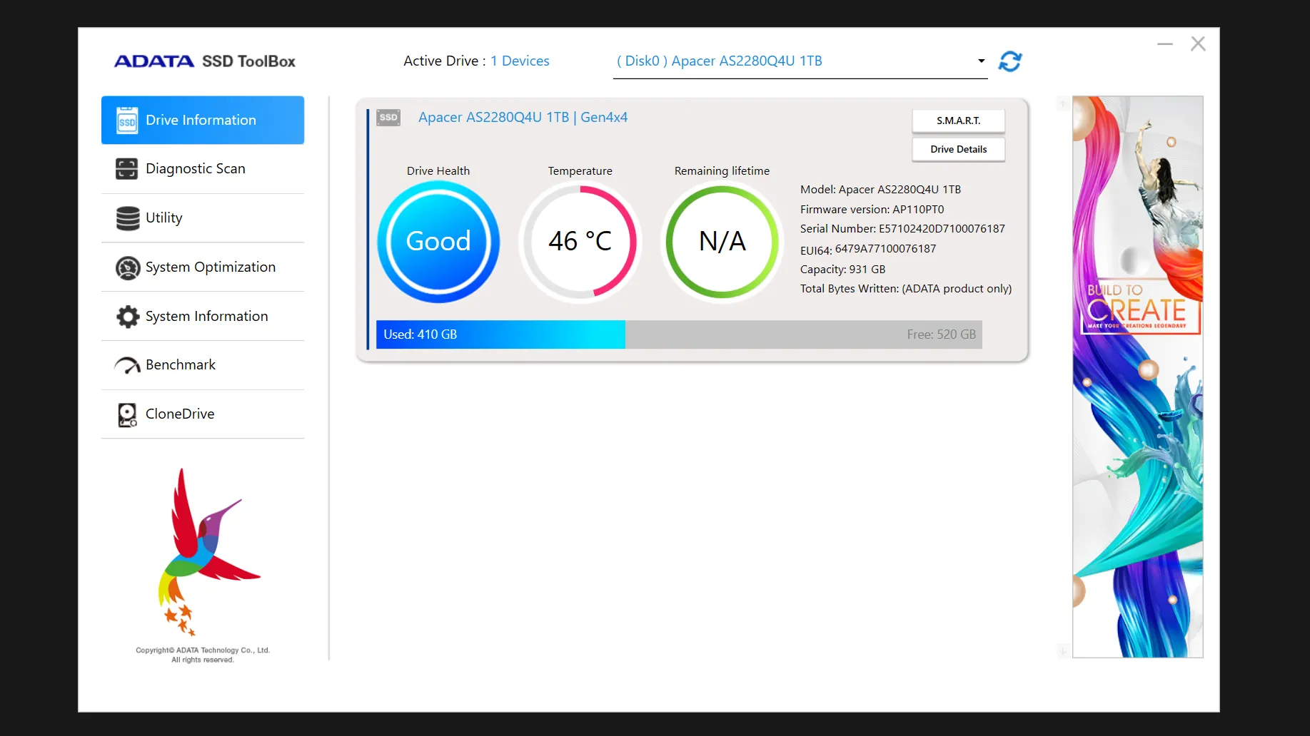 Phần mềm ADATA SSD Toolbox hiển thị trạng thái sức khỏe và thông tin chi tiết của ổ cứng NVMe SSD