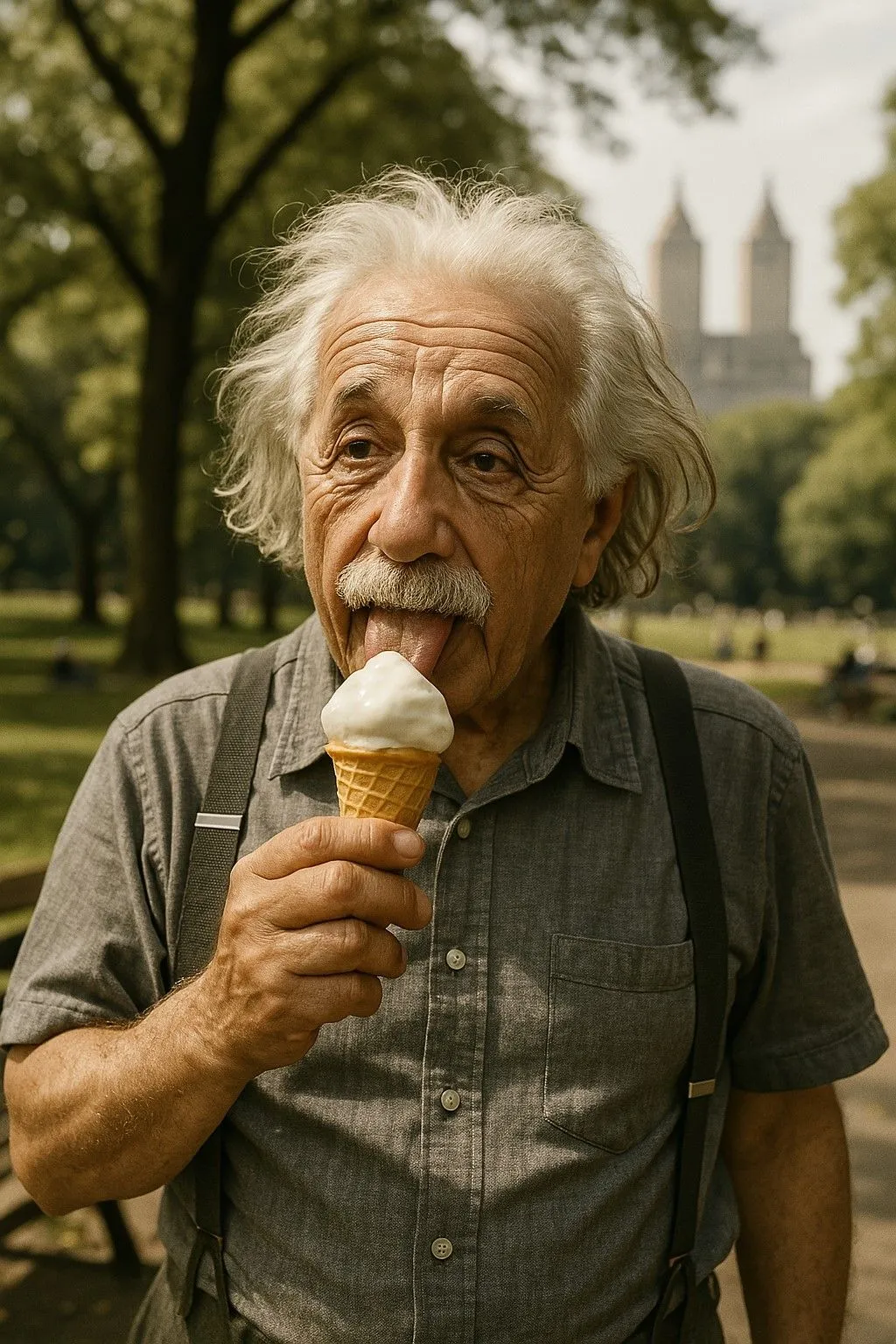 Phiên bản nâng cao của hình ảnh người đàn ông giống Einstein ăn kem ở Central Park, được tạo bởi GPT-4o.