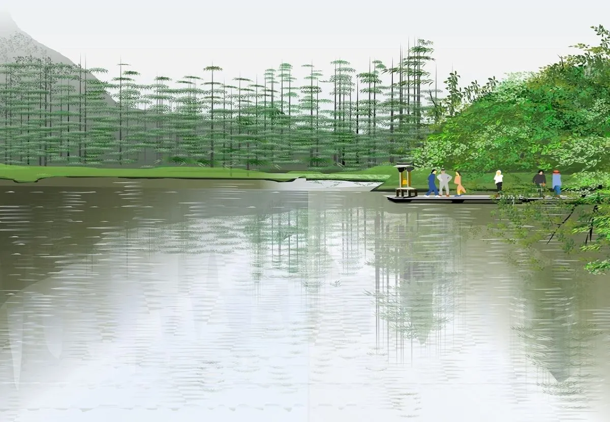 Phong cảnh đền Myojin với cây cối được vẽ bằng Excel