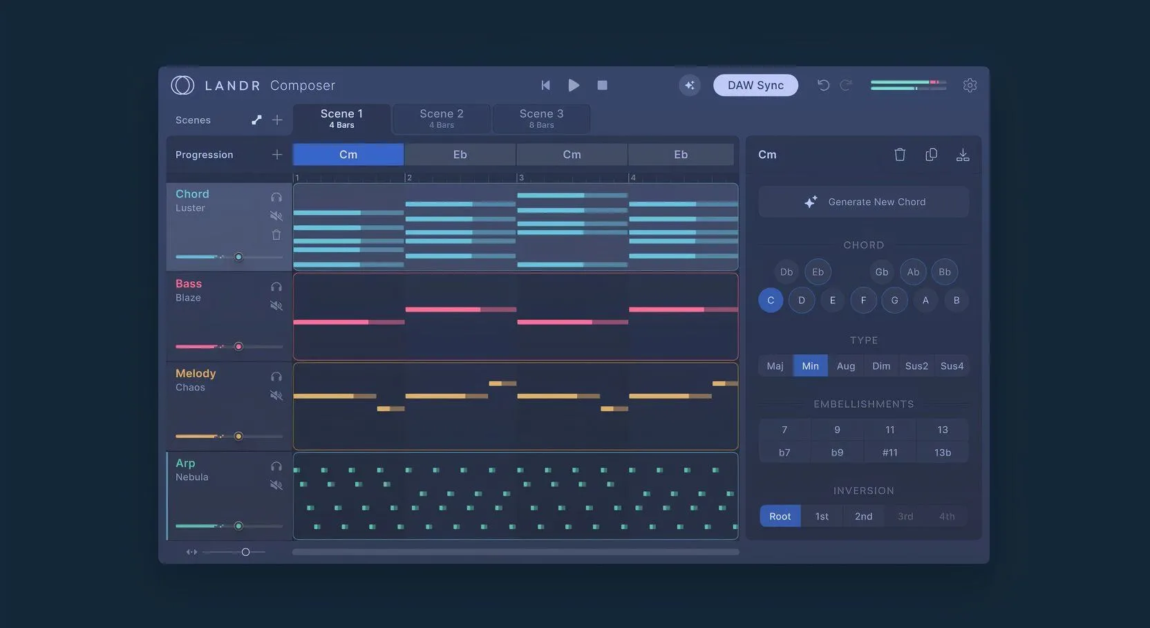 Plugin LANDR Composer với các thành phần sáng tác nhạc như arpeggio, bassline, và giai điệu.
