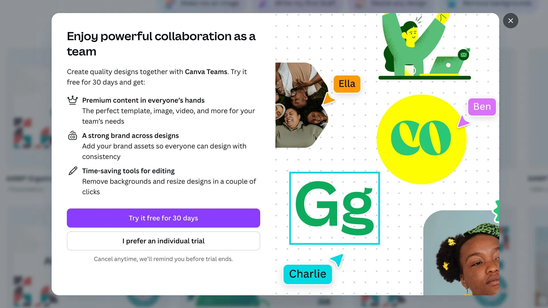 Popup của Canva cố gắng bán Canva Pro thông qua bản dùng thử miễn phí