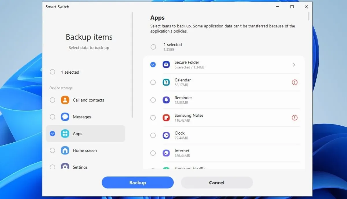 Quá trình sao lưu Thư mục Bảo mật Samsung lên máy tính bằng ứng dụng Smart Switch trên PC.