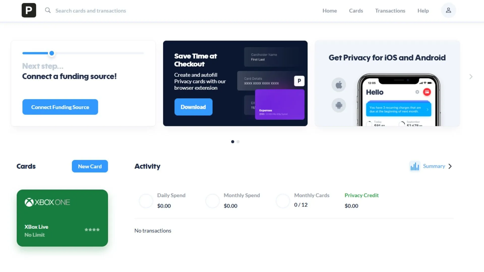 Quá trình thiết lập một thẻ ảo dùng một lần trên nền tảng Privacy.com, thể hiện các bước bảo mật tài khoản.