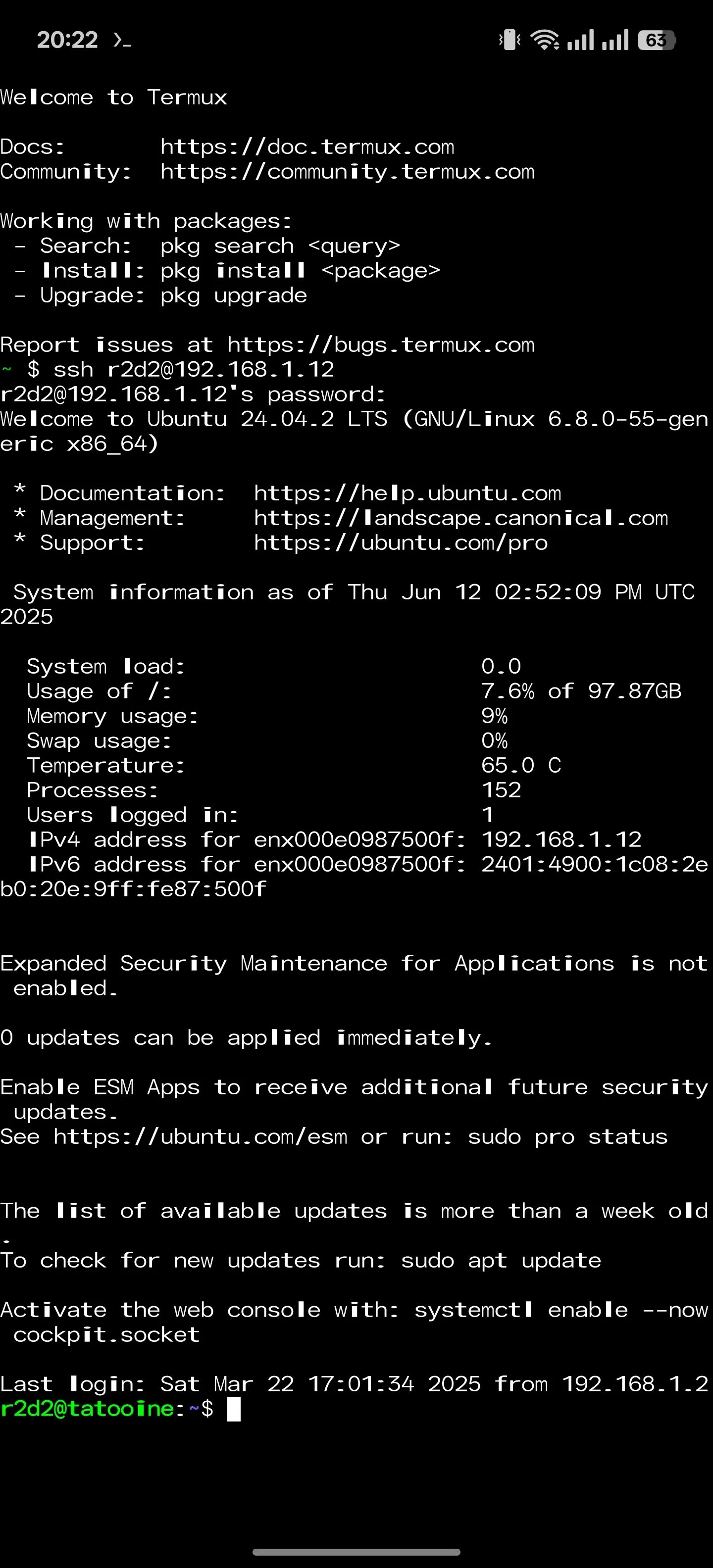 Quản lý máy chủ tại nhà thông qua ứng dụng Termux trên Android, minh họa khả năng điều khiển từ xa.