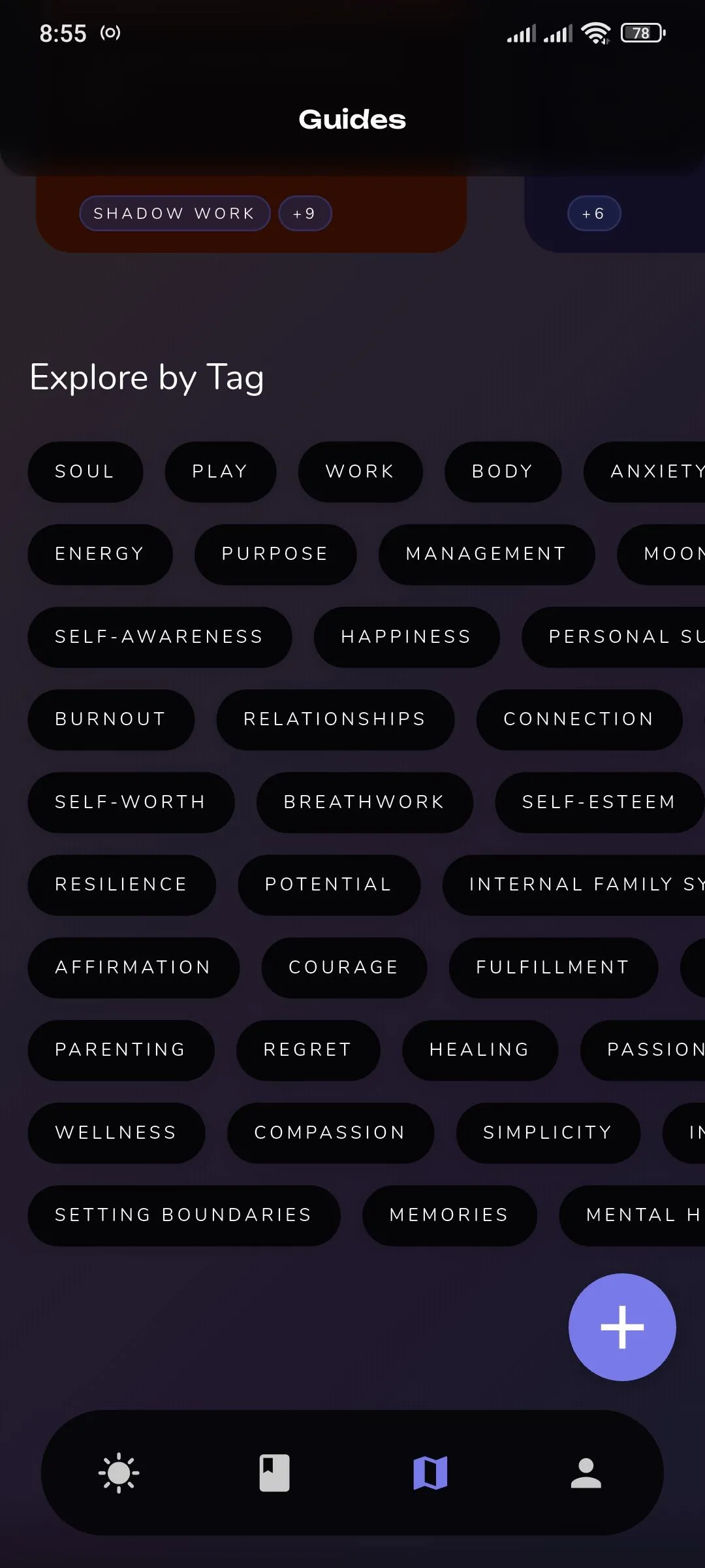 Reflection.app hiển thị các thẻ phân loại trong mục hướng dẫn của ứng dụng ghi nhật ký