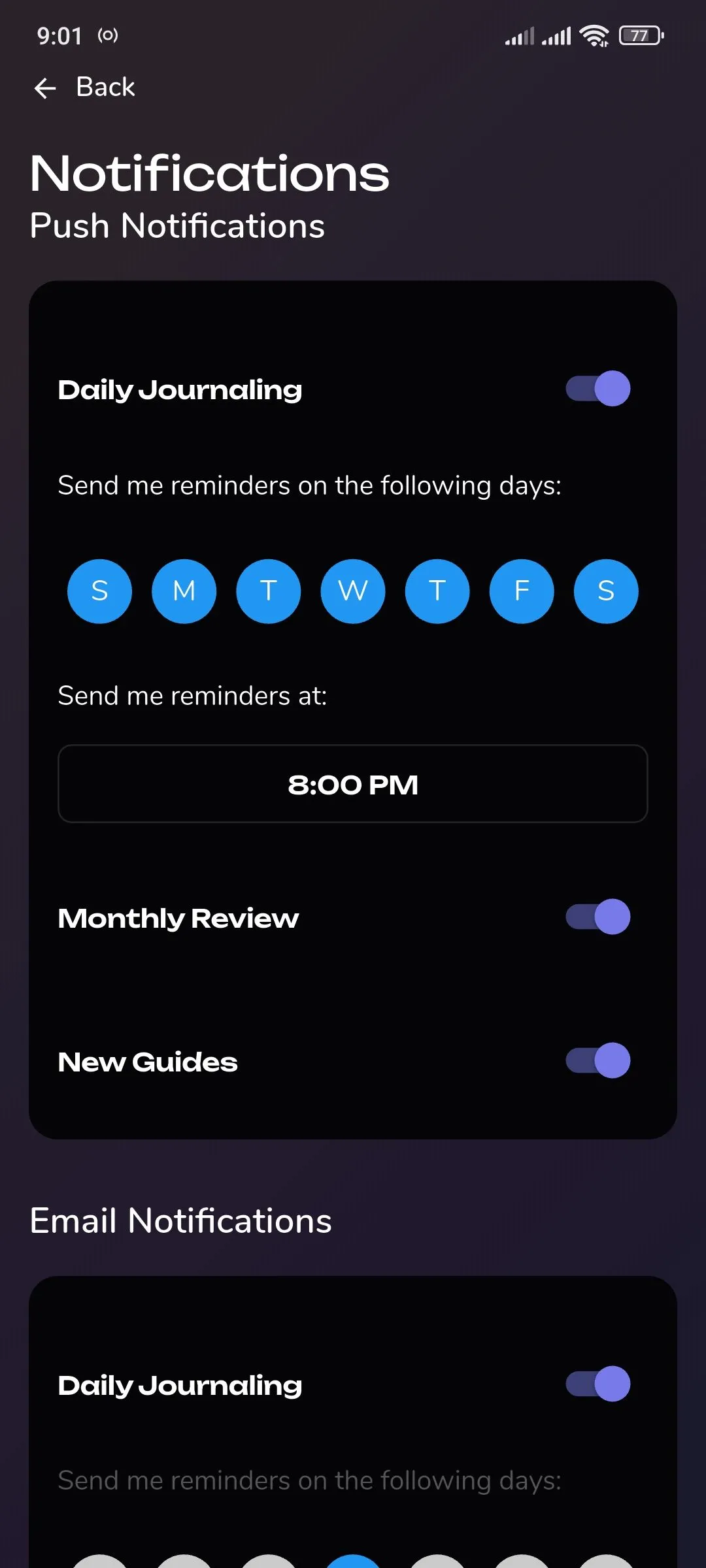 Reflection.app hiển thị cài đặt thông báo trong ứng dụng nhật ký cá nhân
