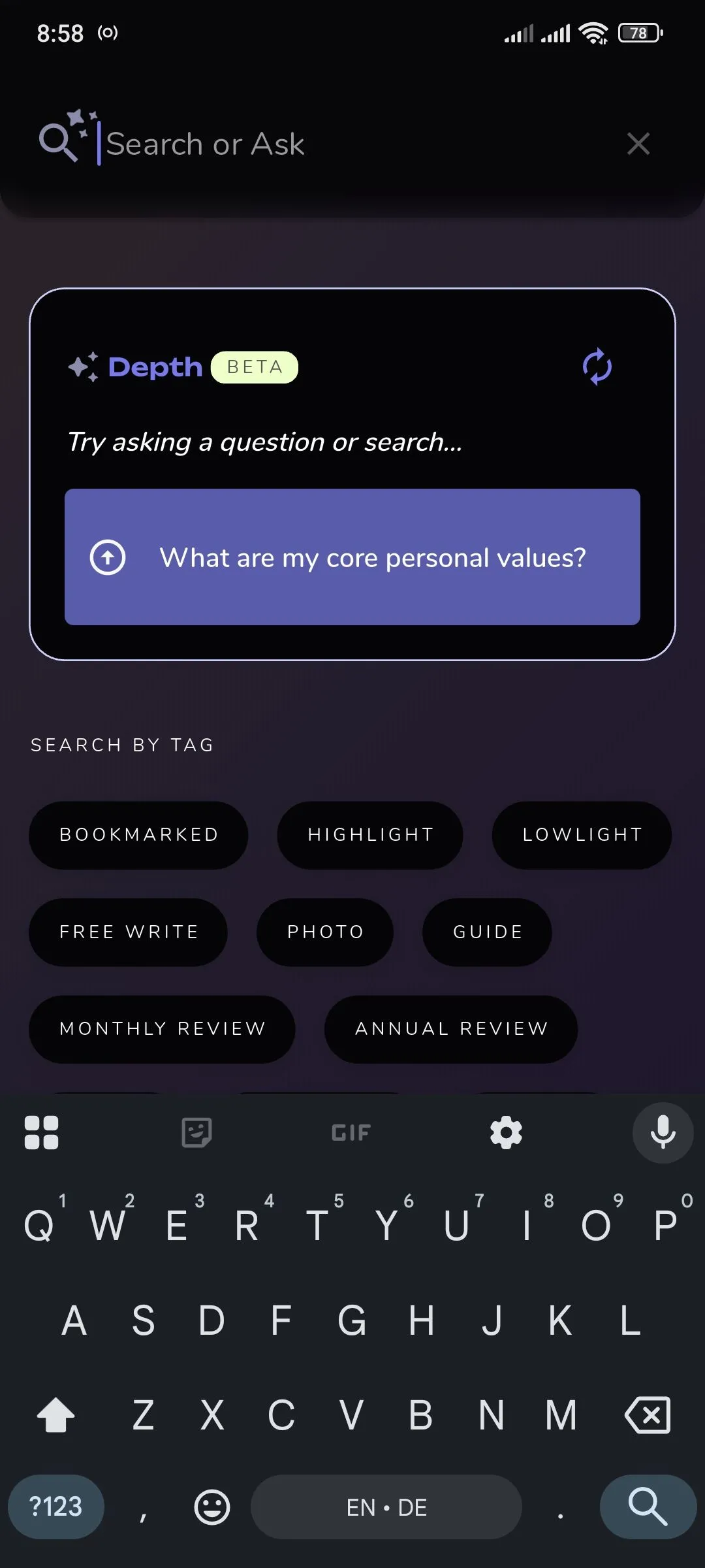 Reflection.app hiển thị Depth AI trong thanh tìm kiếm để phân tích suy nghĩ