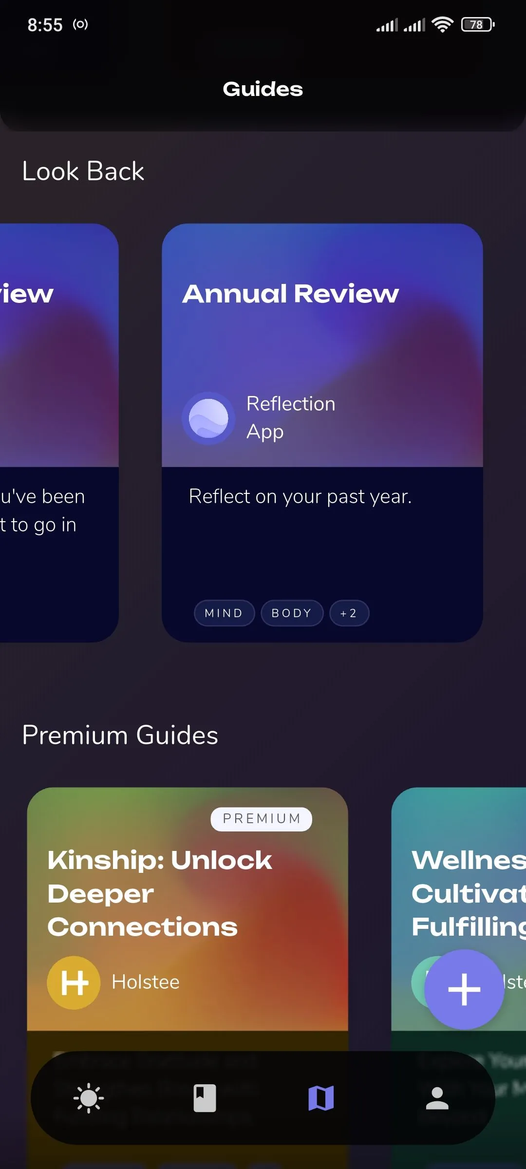 Reflection.app hiển thị thẻ đánh giá hàng năm trong phần hướng dẫn phát triển bản thân