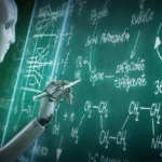 Robot AI đang giải các bài toán phức tạp trên bảng xanh lá, minh họa khả năng suy luận đa bước của trí tuệ nhân tạo