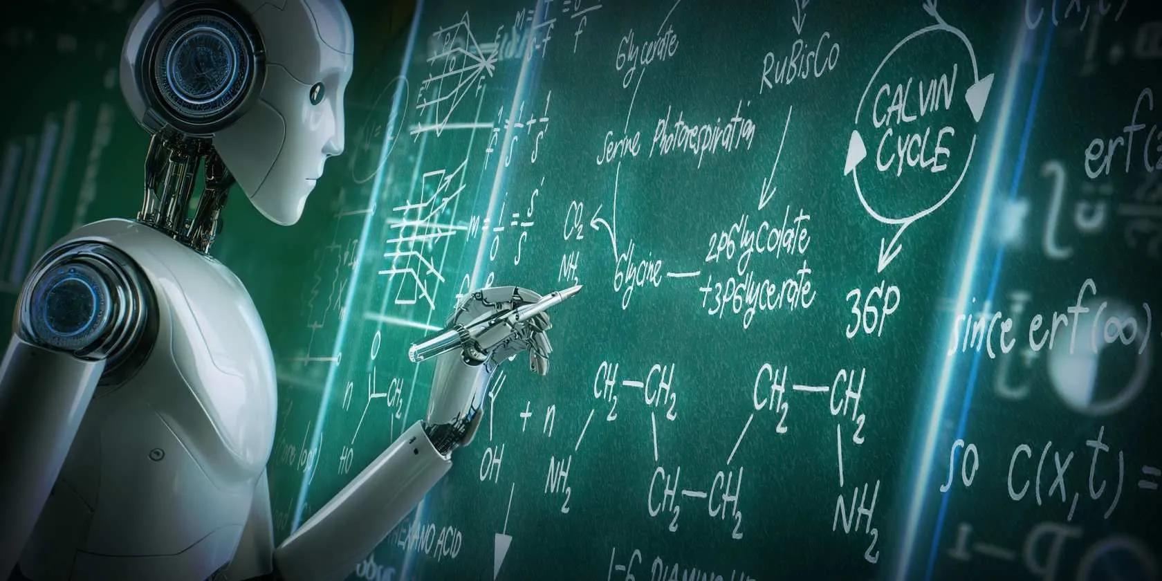 Robot AI đang giải các bài toán phức tạp trên bảng xanh lá, minh họa khả năng suy luận đa bước của trí tuệ nhân tạo