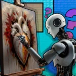 Robot họa sĩ đang vẽ bức tranh trái tim con người với những dấu hỏi xung quanh trên giá vẽ, biểu tượng của nghệ thuật và công nghệ AI