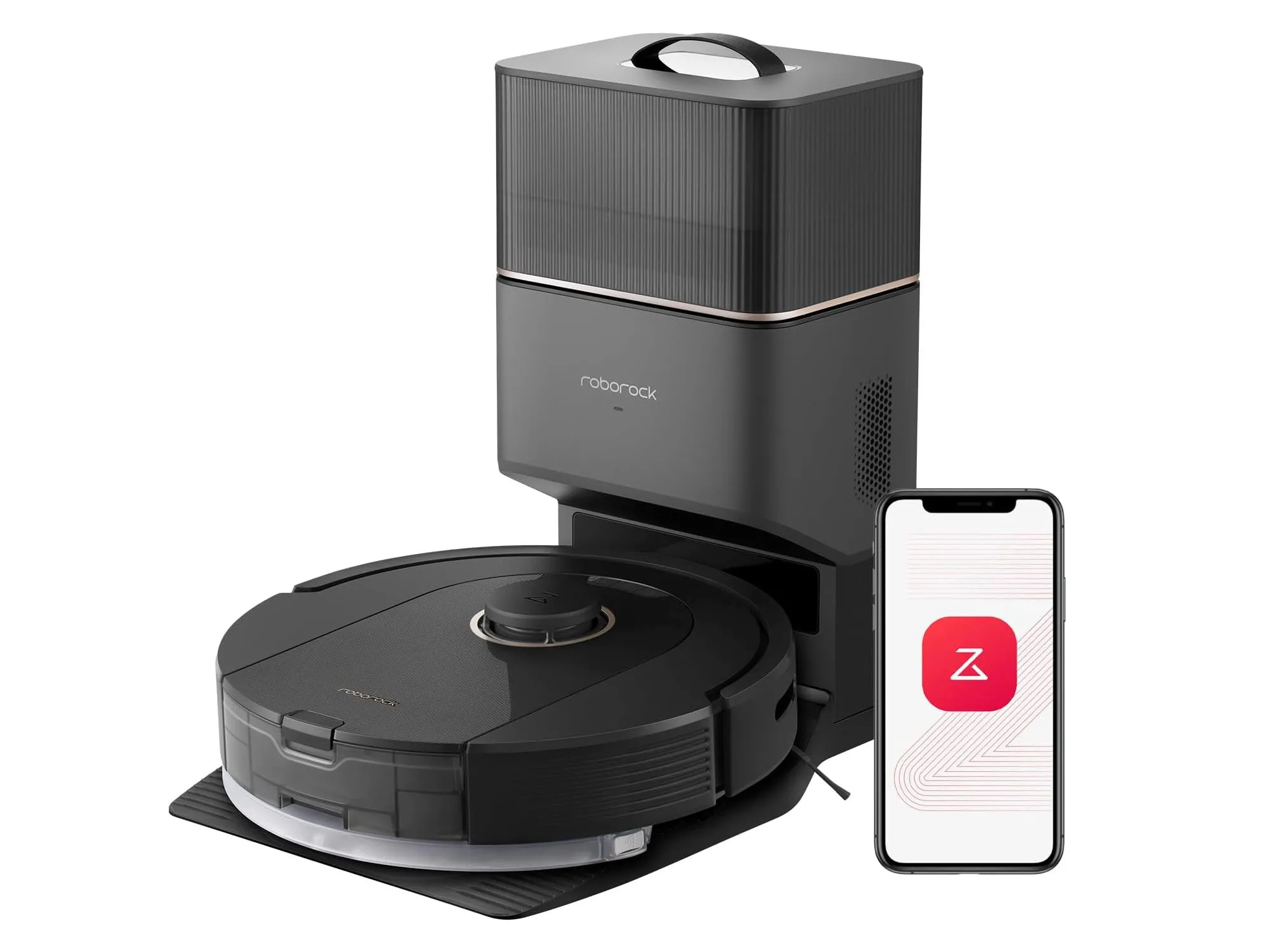 Robot hút bụi lau nhà Roborock Q5 Pro+ màu trắng đang hoạt động trên sàn nhà, thể hiện khả năng làm sạch tự động.