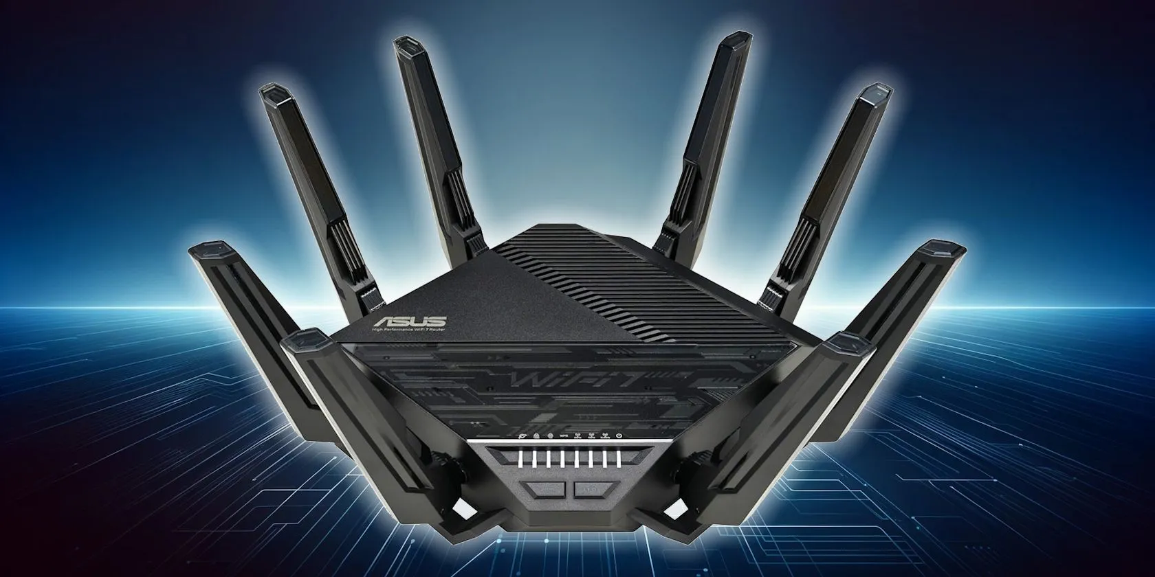 Router ASUS Wi-Fi 7 trên nền công nghệ tương lai, minh họa các tiêu chí hiệu suất cao khi chọn router mới