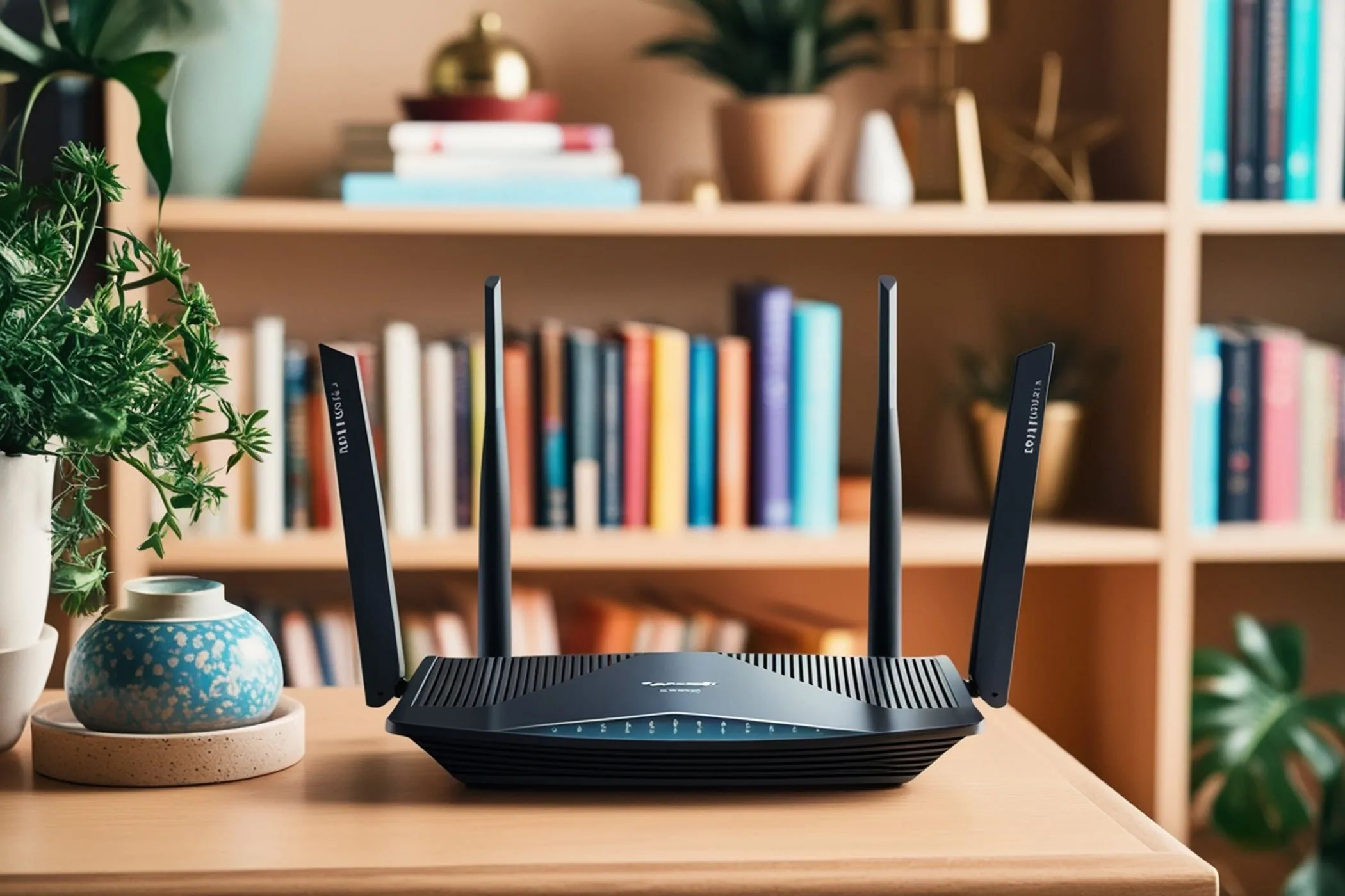 Router Wi-Fi hiện đại với bốn ăng-ten đặt trên bàn gỗ, phía sau là kệ sách, thể hiện vị trí tối ưu để phát sóng Wi-Fi ổn định.