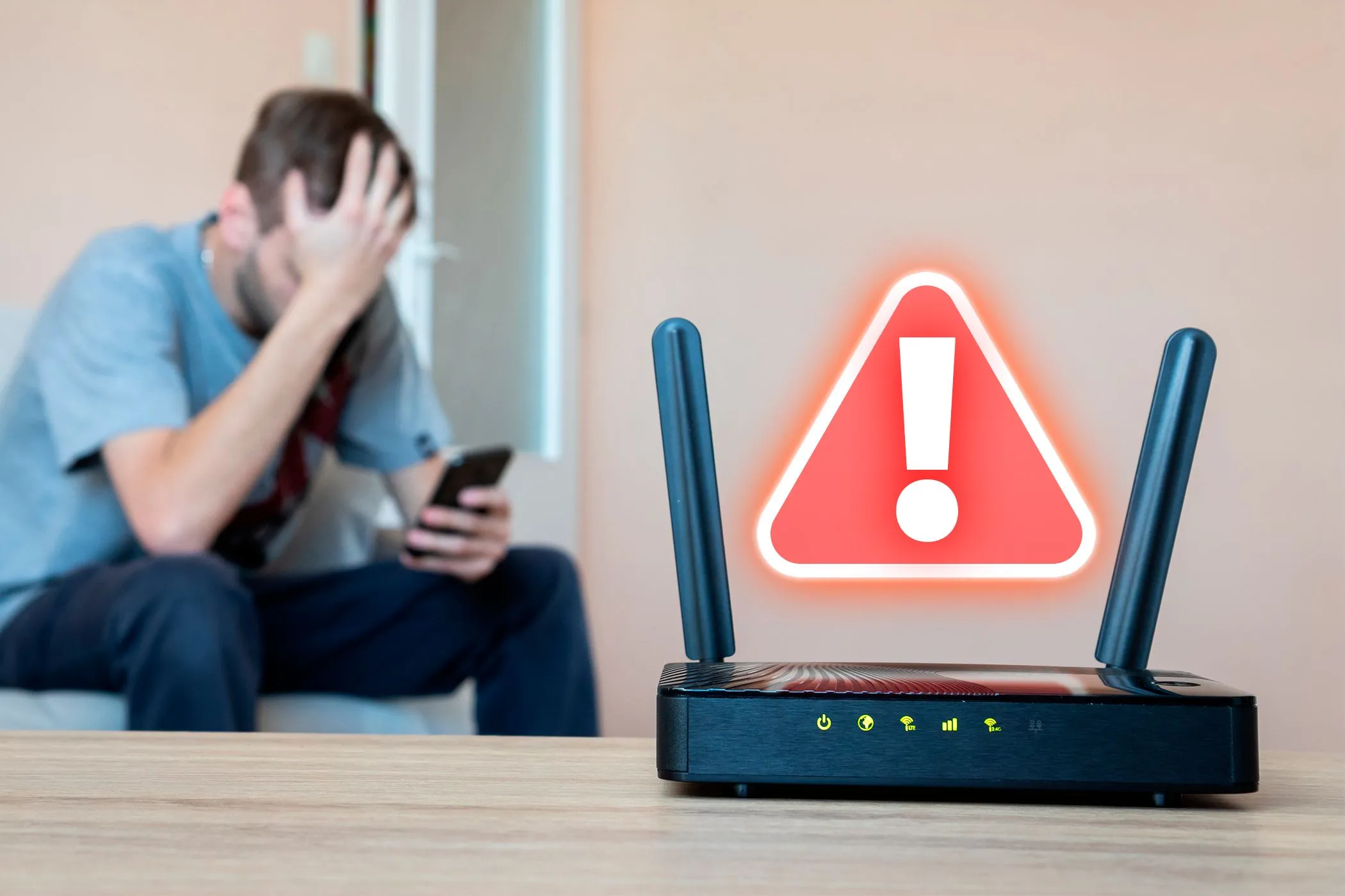 Router Wi-Fi với biểu tượng cảnh báo màu đỏ, phía sau là hình ảnh mờ của người dùng đang khó chịu vì sự cố mất kết nối mạng, minh họa vấn đề vị trí router không phù hợp.