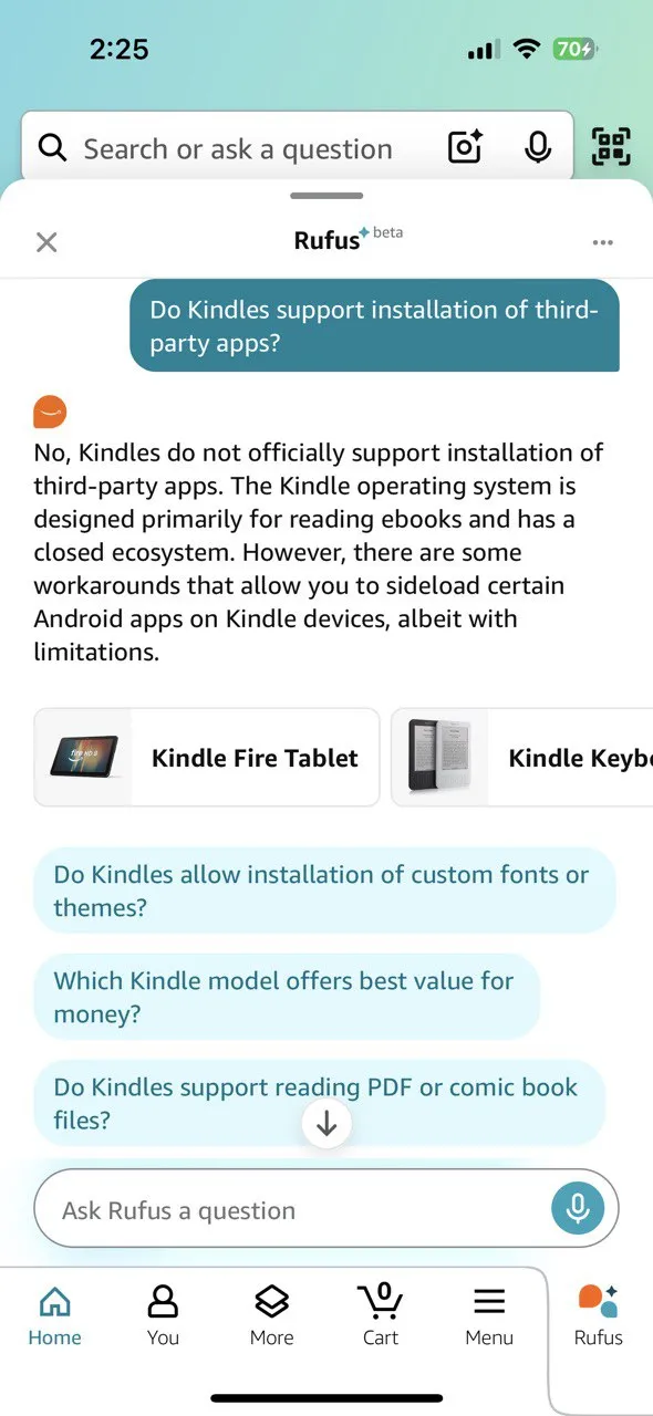 Rufus hỗ trợ so sánh hai sản phẩm công nghệ tương tự trên Amazon
