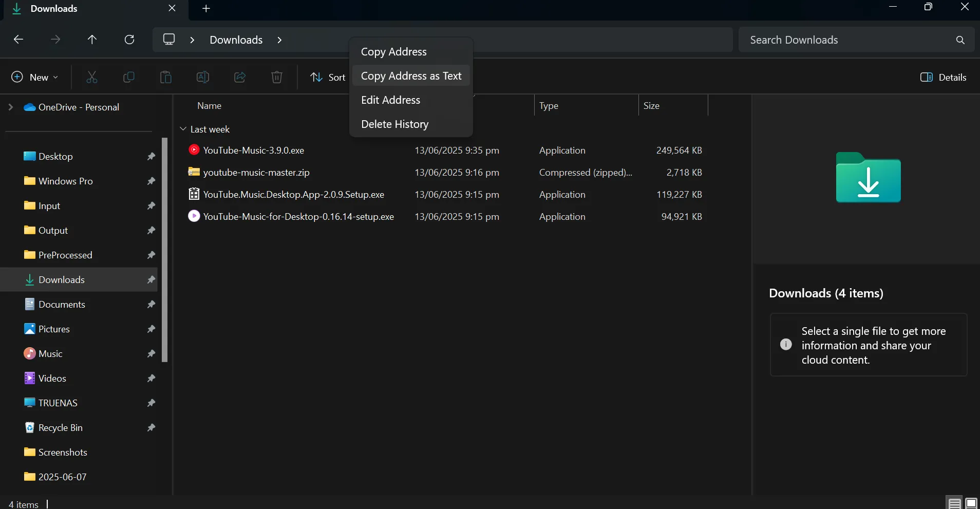 Sao chép đường dẫn thư mục Downloads trong File Explorer