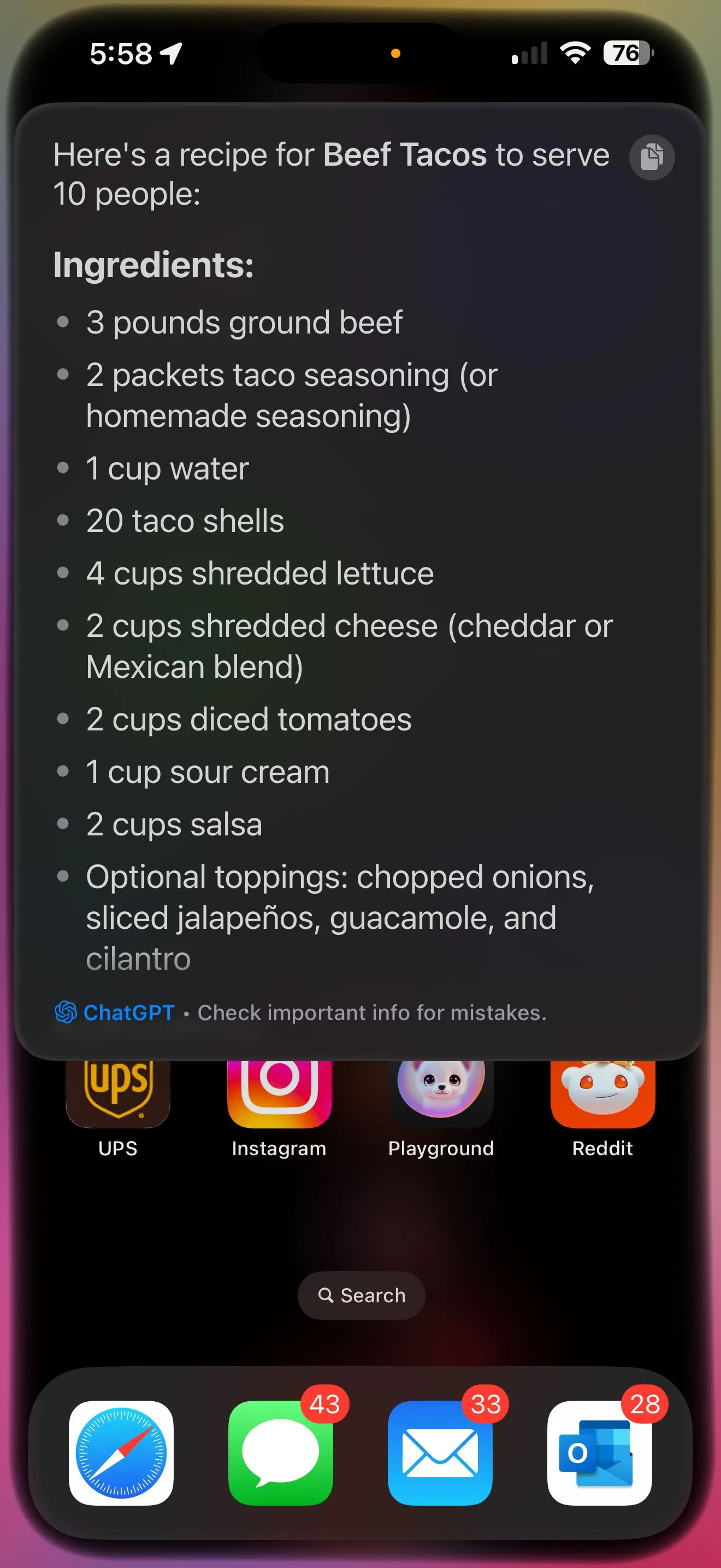 Siri ChatGPT đưa ra công thức món taco