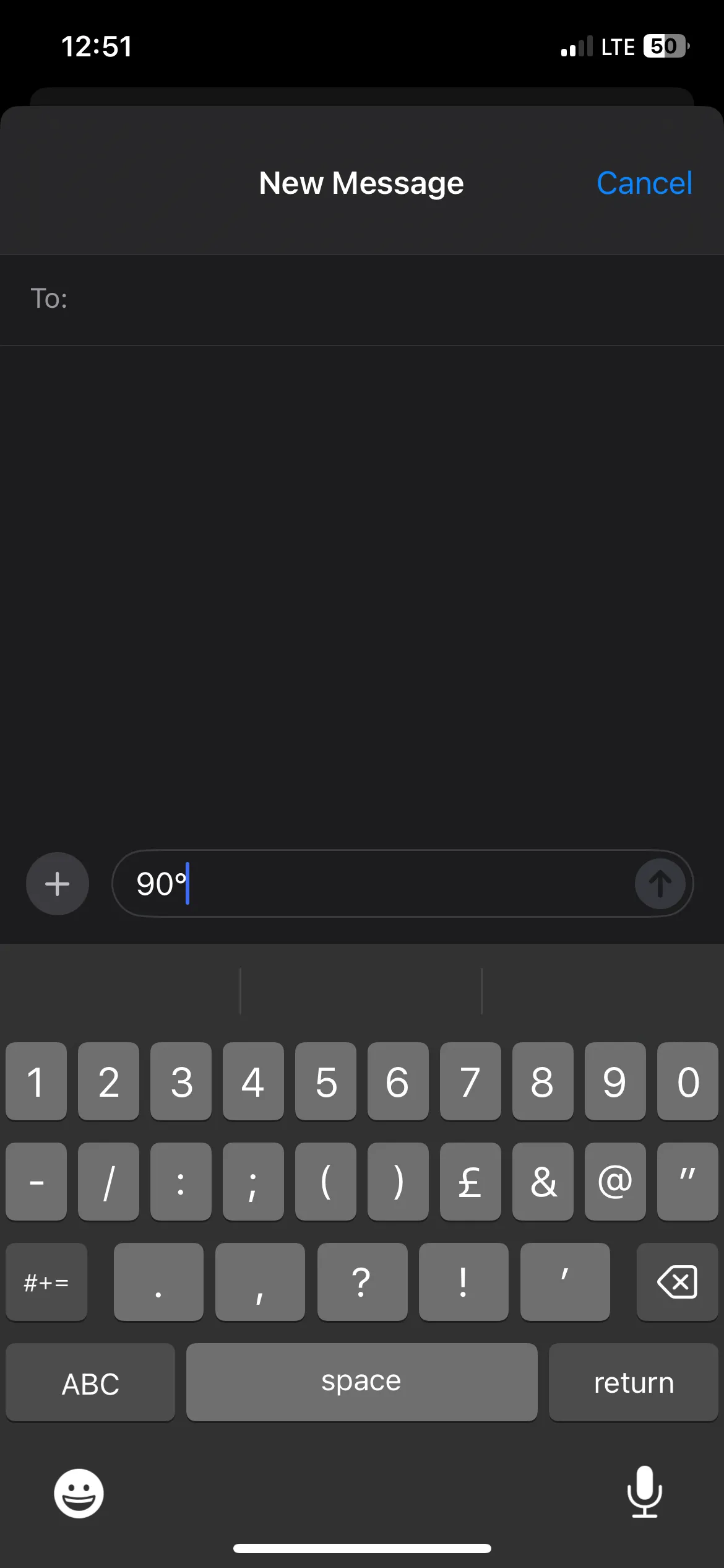 Số 90 cùng ký hiệu độ được gõ trong ứng dụng Tin nhắn trên iPhone.