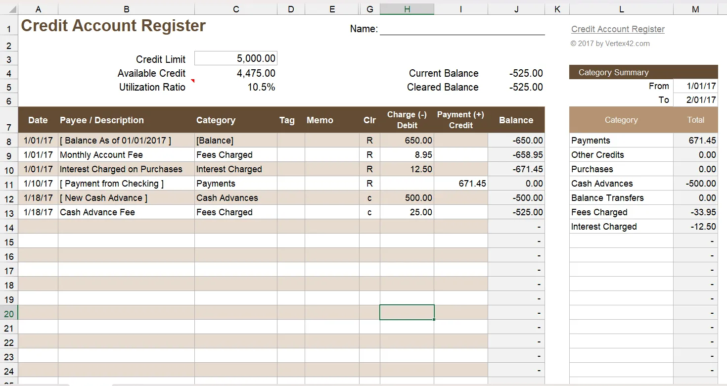 Sổ đăng ký tài khoản tín dụng Excel theo dõi giao dịch