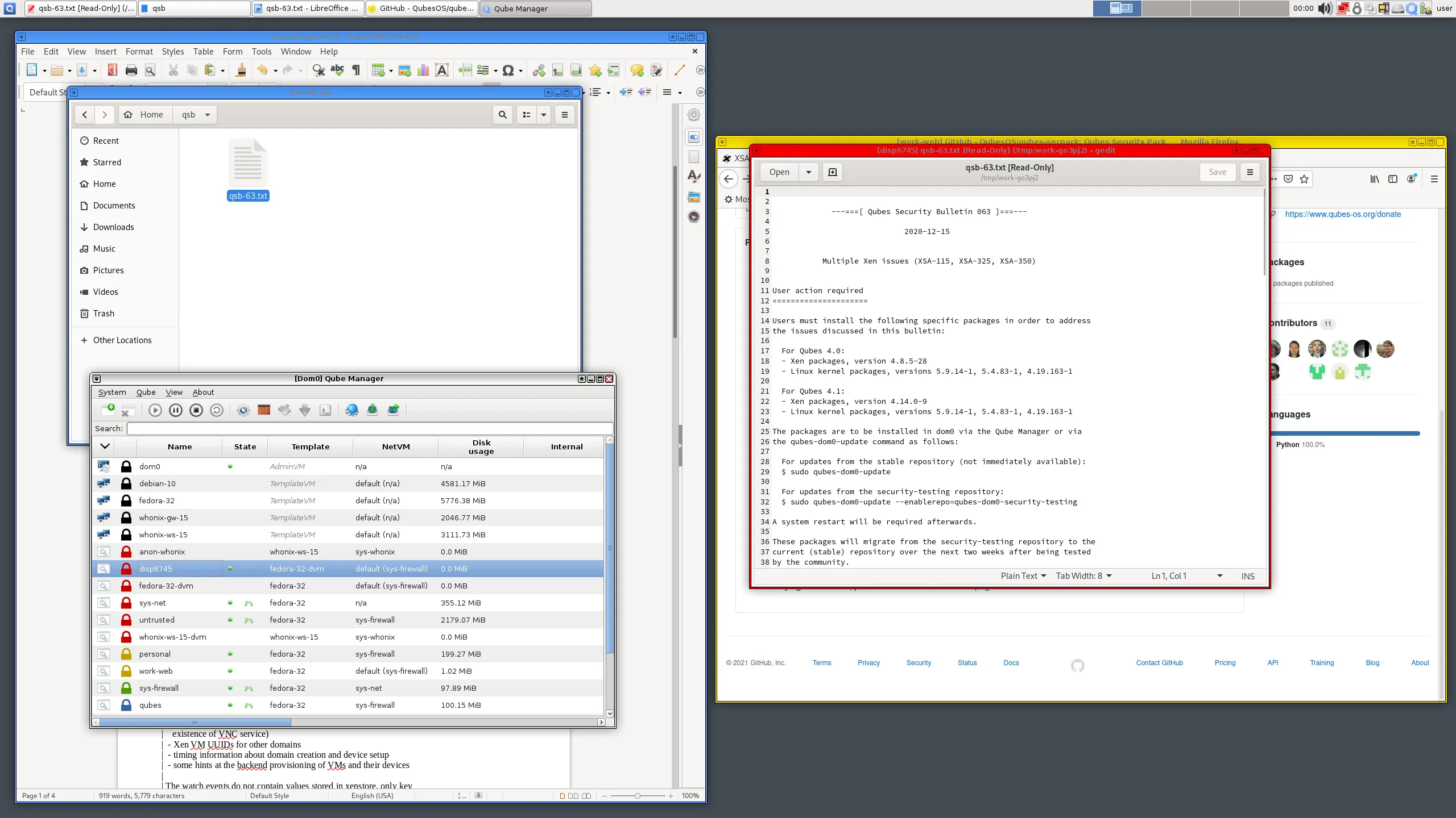 Sơ đồ minh họa cơ chế bảo mật của Qubes OS với các ứng dụng chạy trong máy ảo riêng biệt