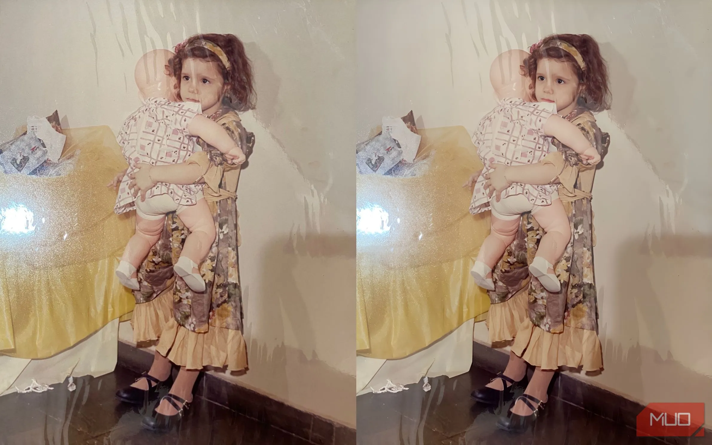 So sánh ảnh cũ của bé gái ôm búp bê trước và sau khi khôi phục bằng AI Picsart