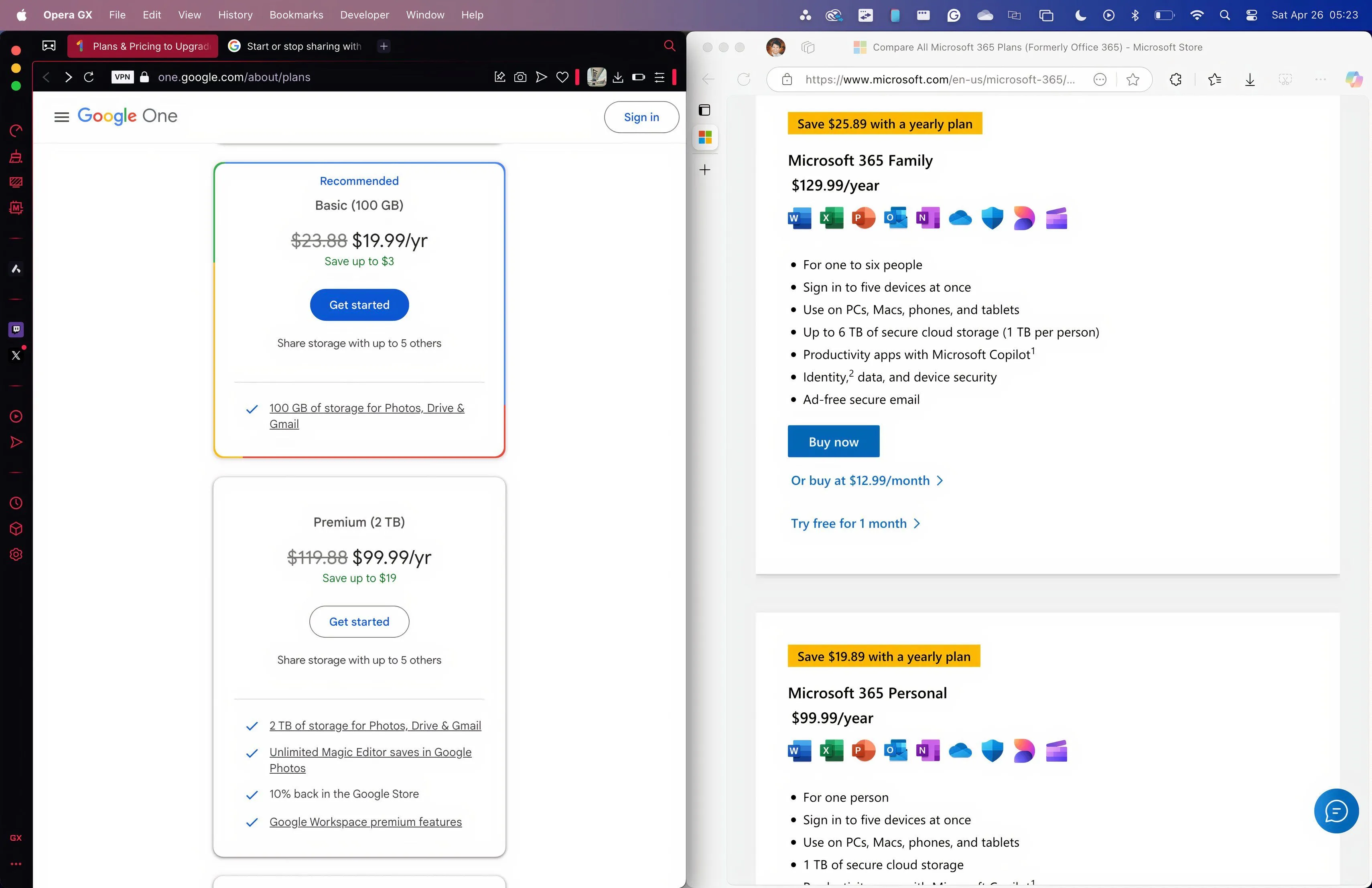 so sánh các gói đăng ký Google One và Microsoft 365