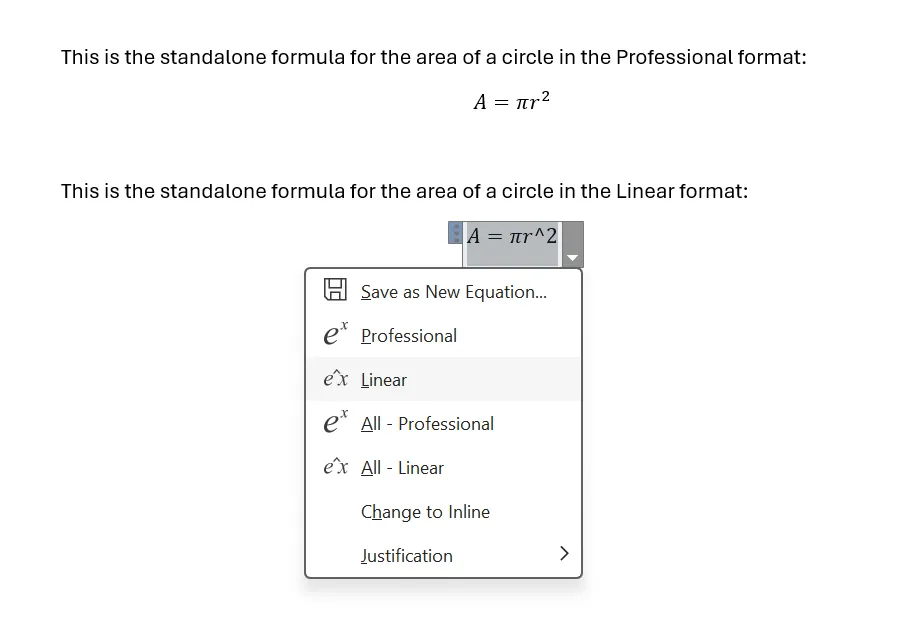 So sánh định dạng Professional và Linear của công thức toán học trong Word, giúp người dùng lựa chọn cách trình bày phù hợp.