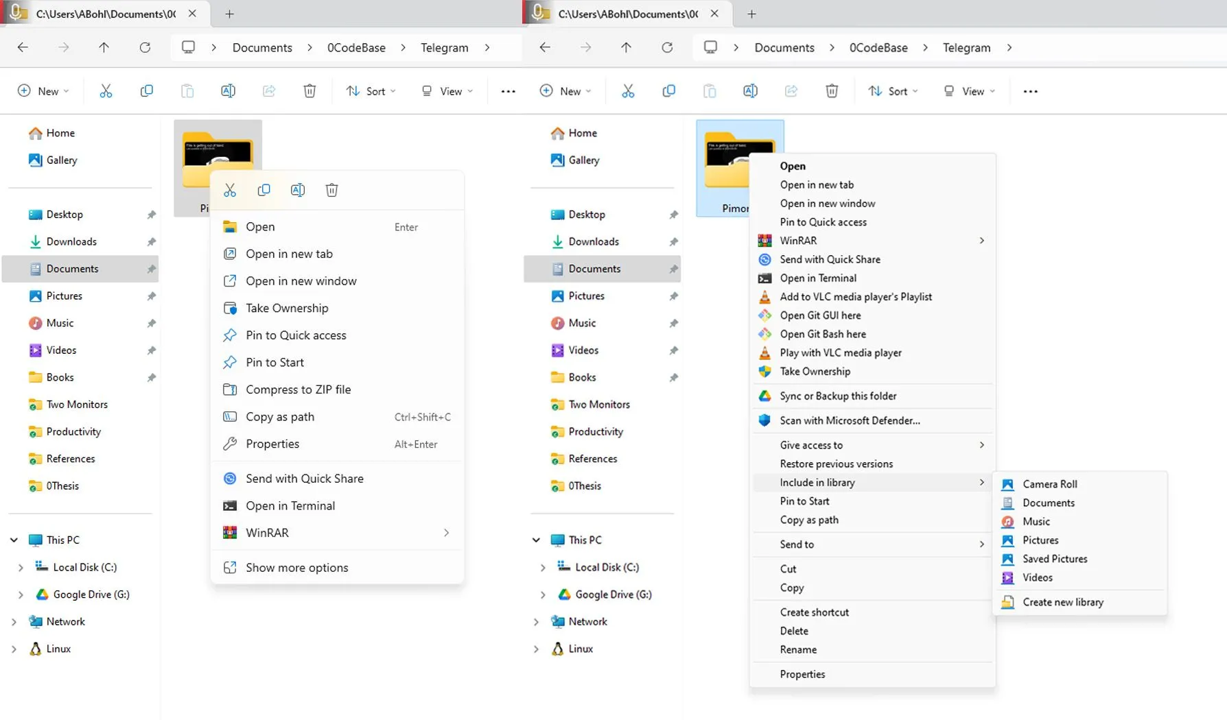 So sánh menu chuột phải trên Windows 11 và menu chuột phải cổ điển của Windows 10, cho thấy sự khác biệt về giao diện
