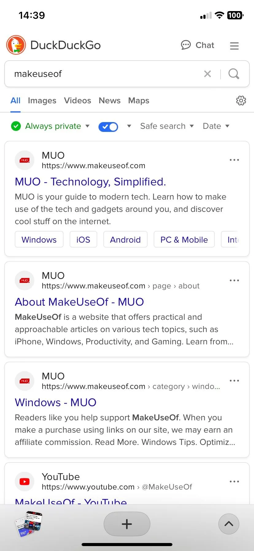 Sử dụng công cụ tìm kiếm DuckDuckGo trong trình duyệt Arc Search trên iPhone, minh họa tính năng quyền riêng tư và lựa chọn tùy chỉnh