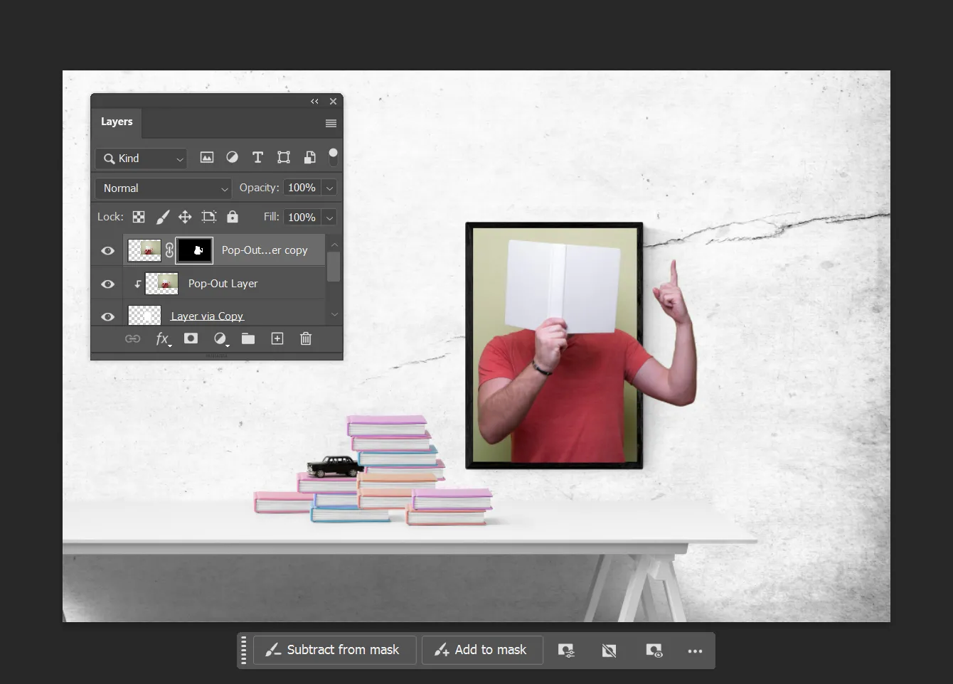 Sử dụng Layer Mask trong Photoshop để ẩn đi các phần không mong muốn, tạo ra ảo ảnh Pop-out 3D chân thực