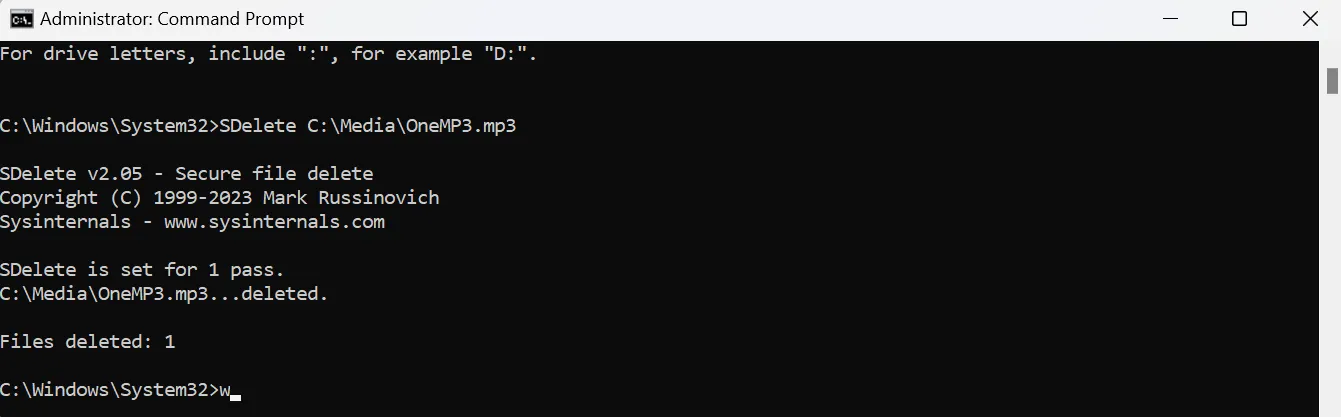 Sử dụng lệnh SDelete trong Command Prompt để xóa file MP3 vĩnh viễn khỏi hệ thống Windows.