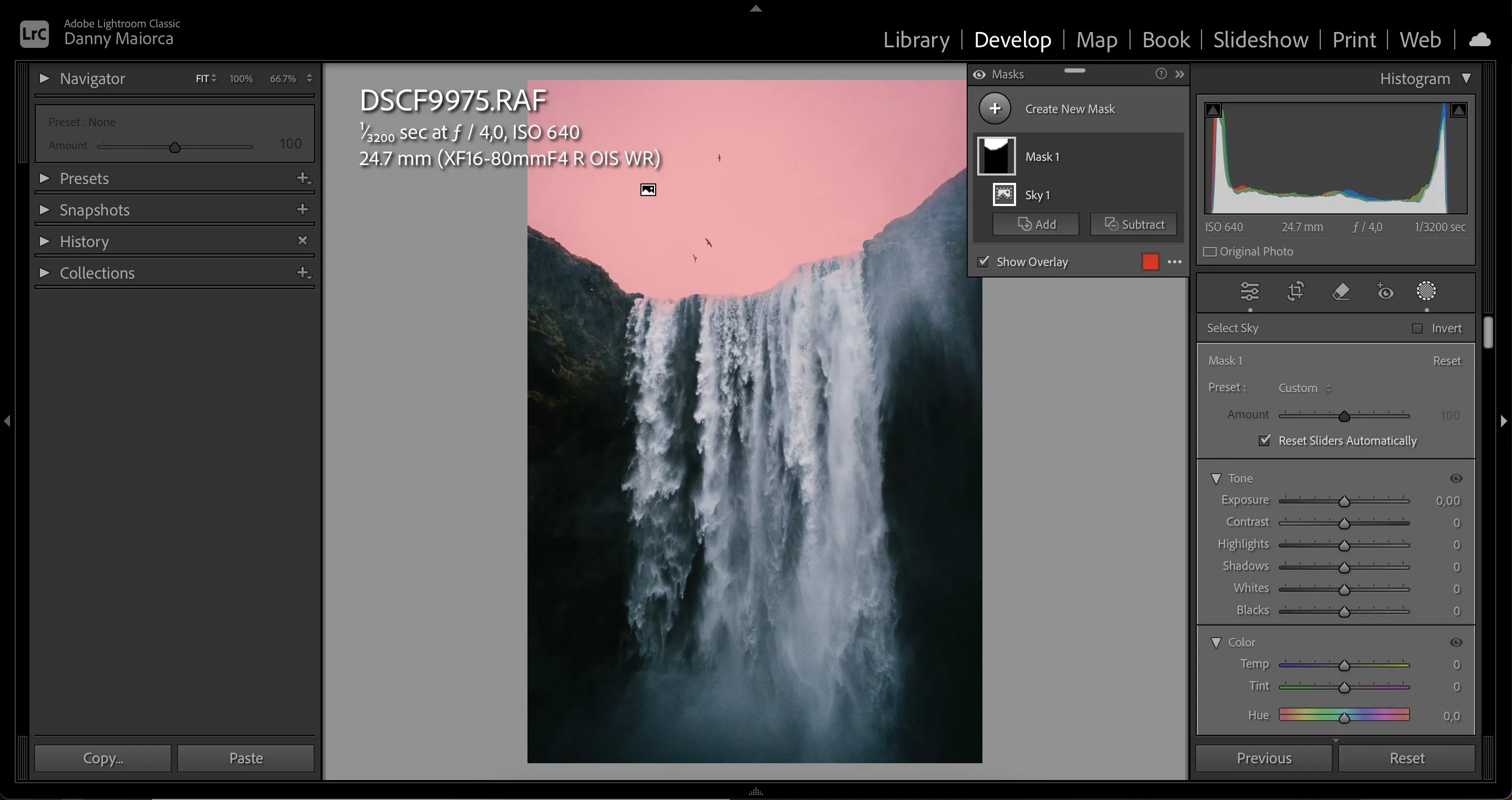Sử dụng tính năng AI Masking của Lightroom để chọn và chỉnh sửa vùng bầu trời một cách chính xác.