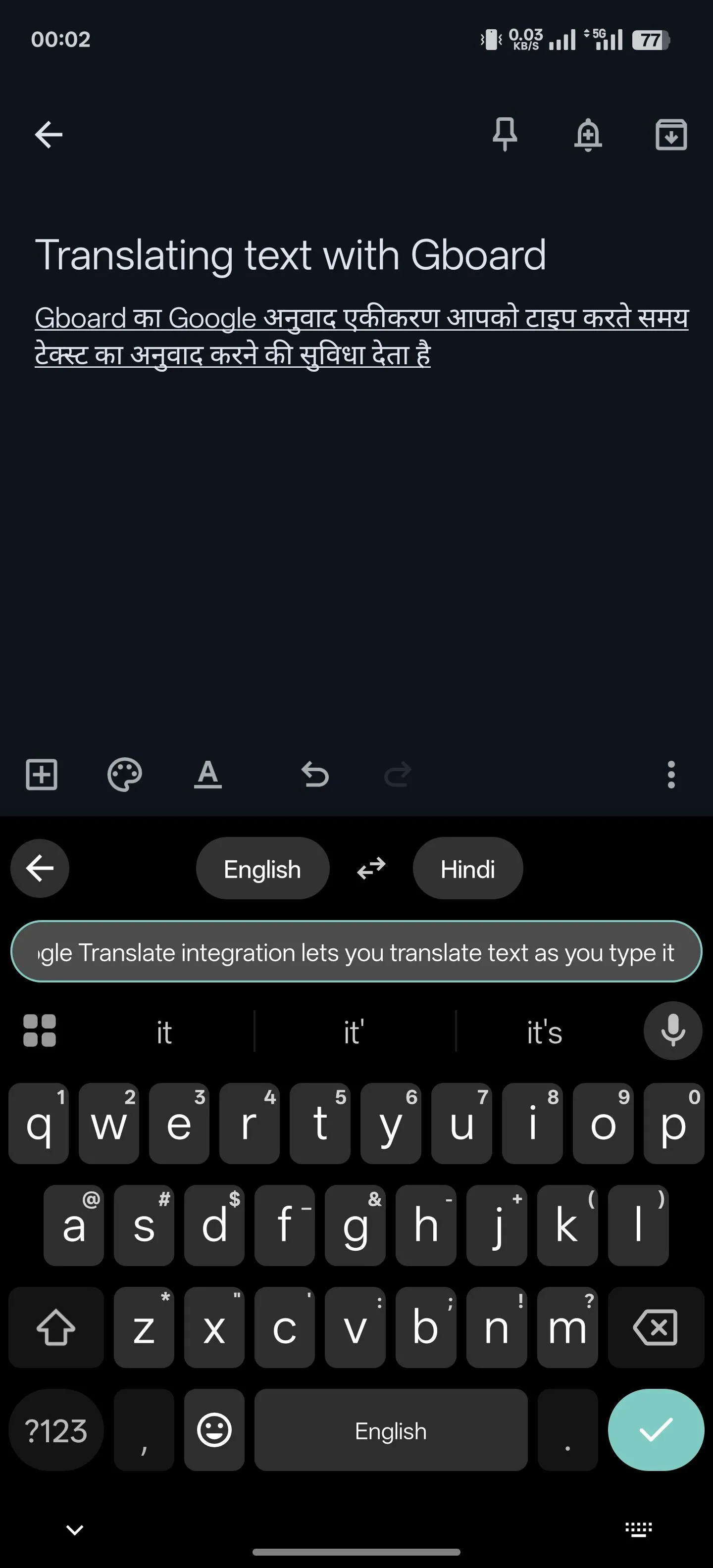 Sử dụng tính năng dịch văn bản tức thì trên Gboard khi gõ phím