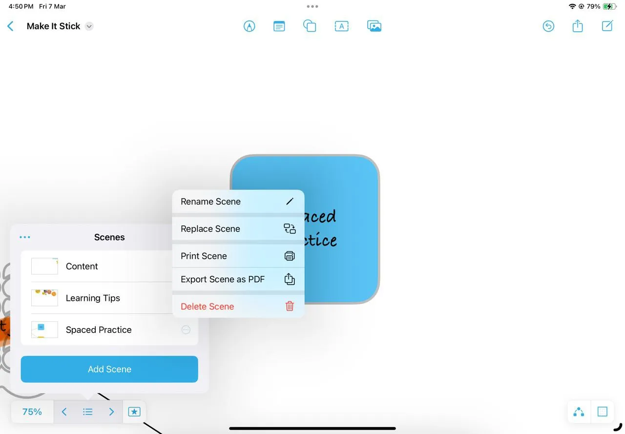 Sử dụng tính năng Điều hướng Cảnh (Scenes Navigator) của Freeform để di chuyển nhanh giữa các phần ghi chú