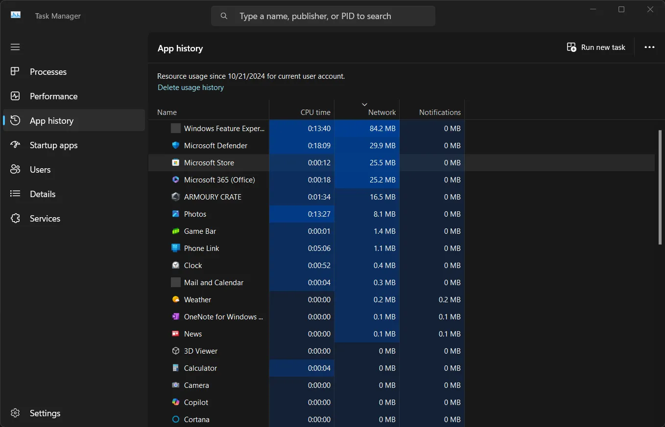 Tab App history trong Task Manager hiển thị lịch sử sử dụng mạng của ứng dụng