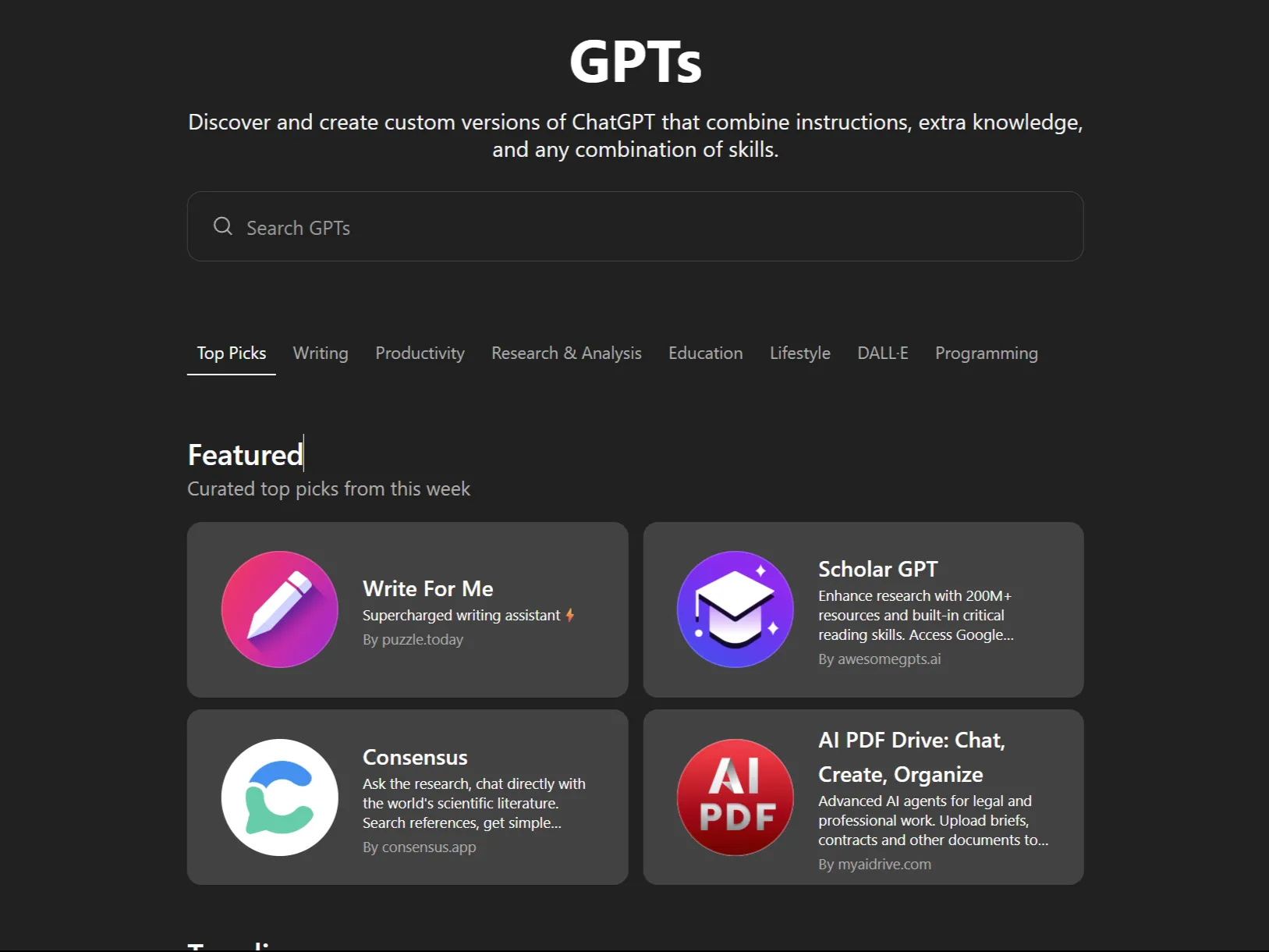 Tab Custom GPTs hiển thị các GPT nổi bật trong ứng dụng web ChatGPT, minh họa sự đa dạng của hệ sinh thái.