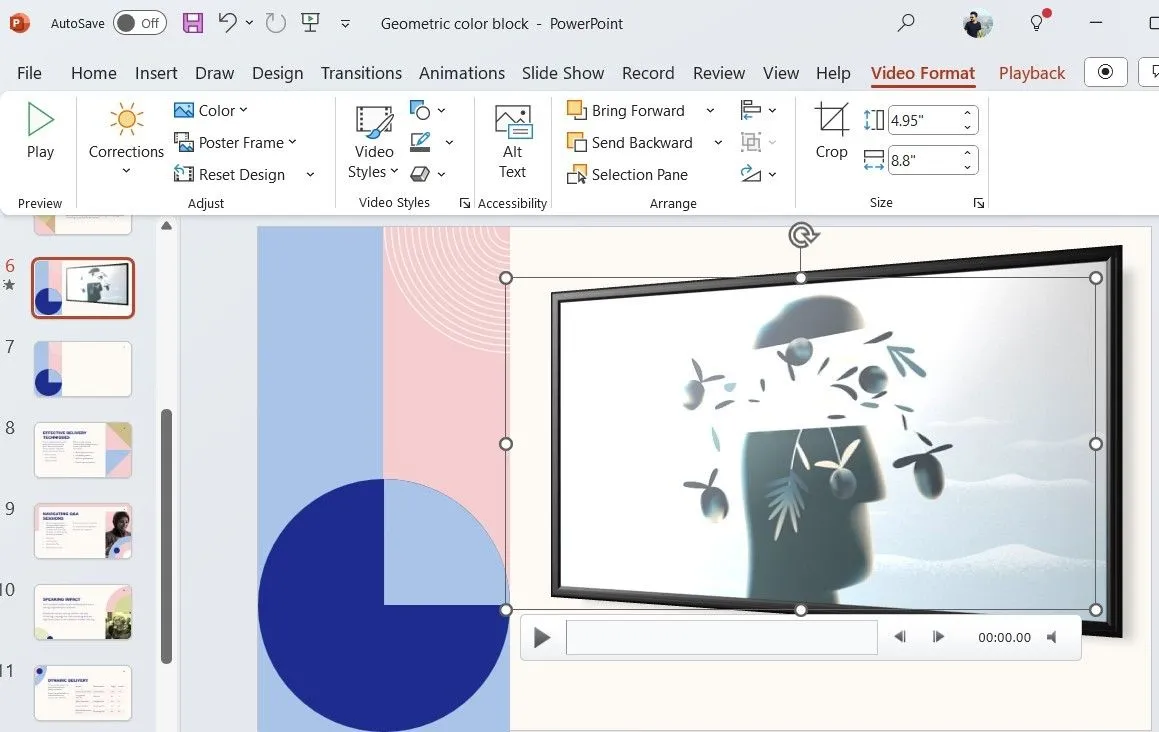 Tab Định dạng Video trong PowerPoint hiển thị các tùy chọn chỉnh sửa hiệu ứng và kiểu dáng video