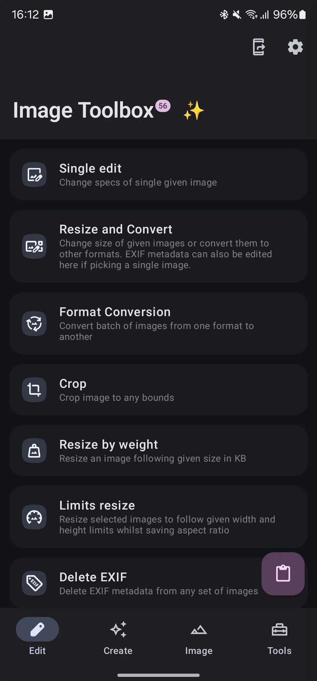 Tab Edit của ứng dụng Image Toolbox để chỉnh sửa ảnh