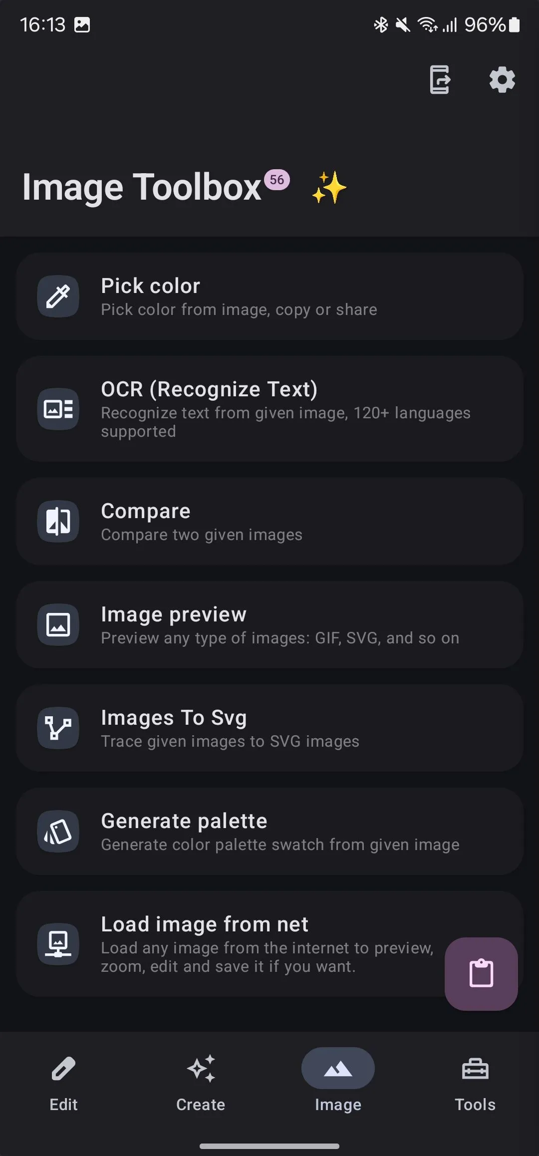 Tab Image của ứng dụng Image Toolbox với các công cụ ảnh