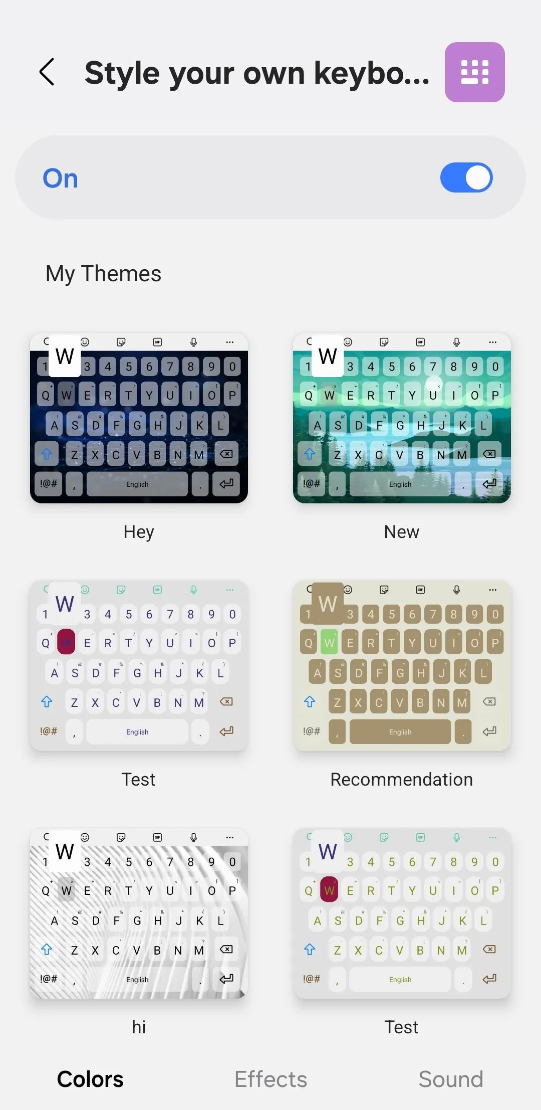 Tab Màu sắc trong ứng dụng KeysCafe