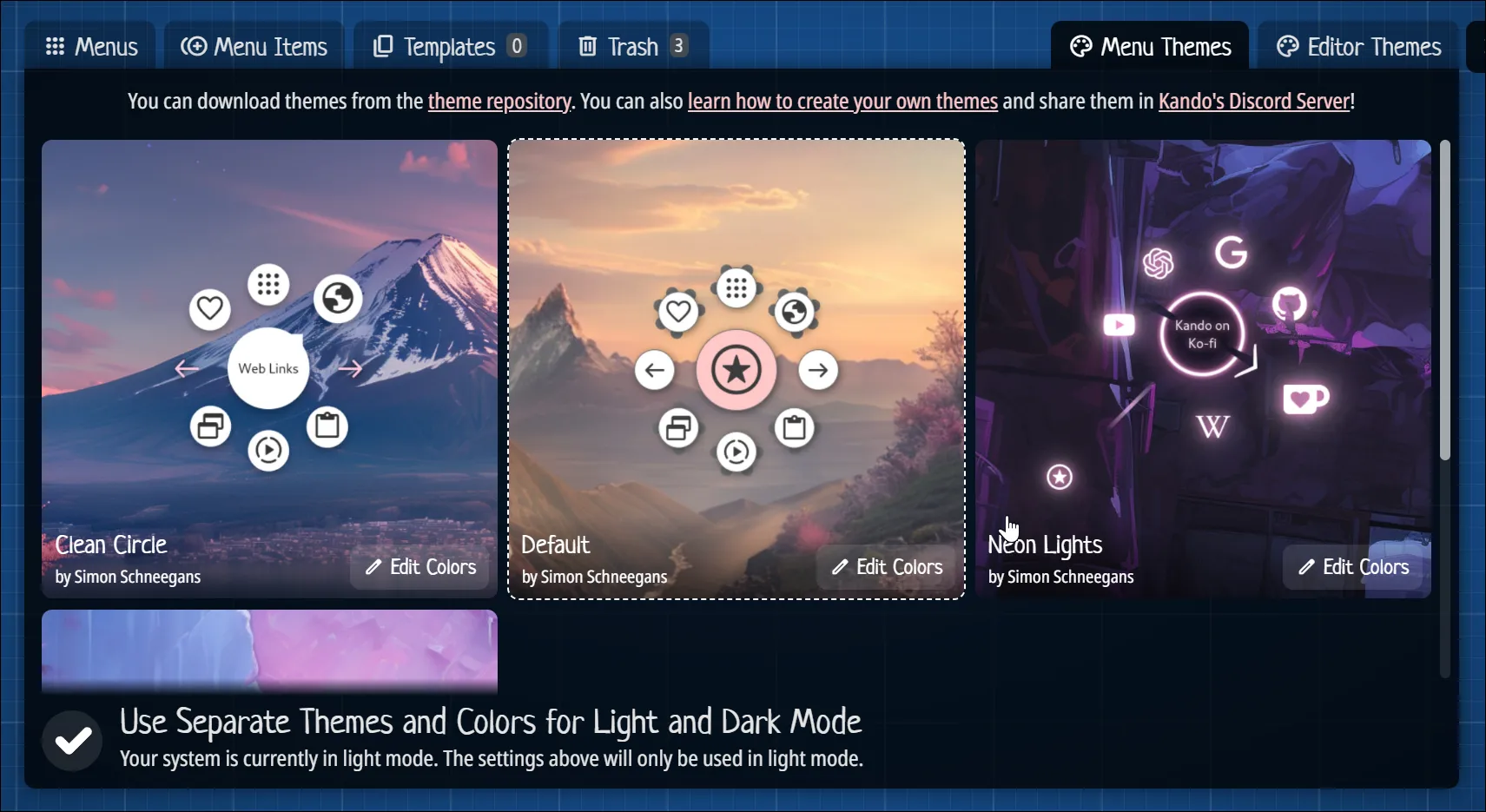 Tab Menu Theme mở trong trình chỉnh sửa menu Kando trên Windows 11