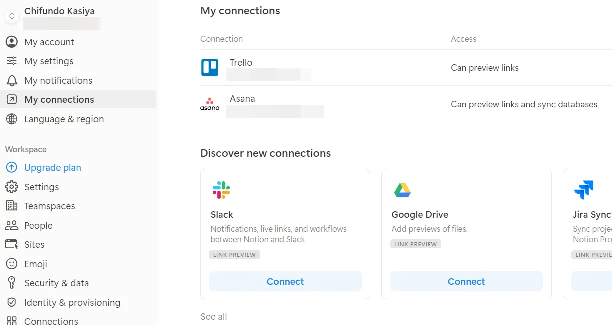 Tab My connections (Kết nối của tôi) trong cài đặt Notion để quản lý tích hợp ứng dụng